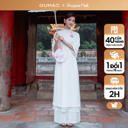 Set lẻ Áo dài 2 tà đính hoa thời trang GUMAC QPD12055 - Quần lụa ống rộng thời trang GUMAC QD12097