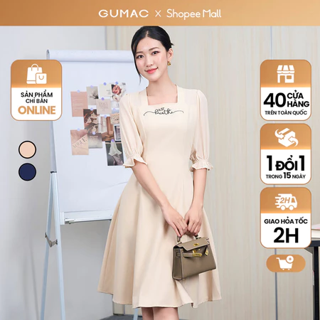 Đầm nữ dáng xòe thiết kế tay phồng phối chữ thêu thời trang GUMAC LDE040
