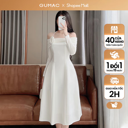 Đầm trễ vai phối hoa thời trang GUMAC DE08086