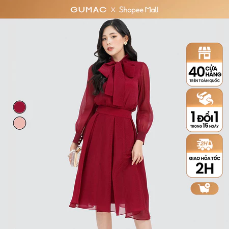 Set lẻ Áo kiểu phối nơ GUMAC AD04065 - Chân váy A xếp ly hộp GUMAC VD04066