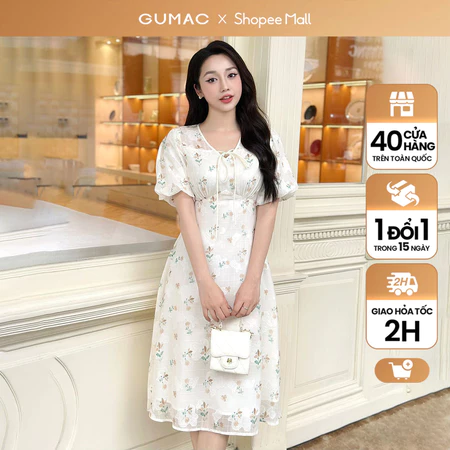 Đầm hoa nhí thiết kế tay bí thắt nơ thời trang GUMAC DE03016