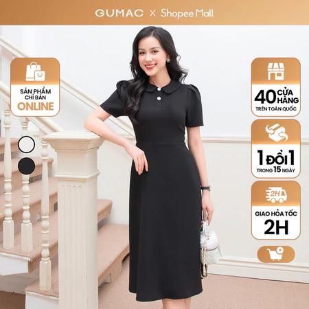 Đầm nữ dáng A GUMAC DD10063 tay ngắn xếp li phồng sang trọng thanh lịch